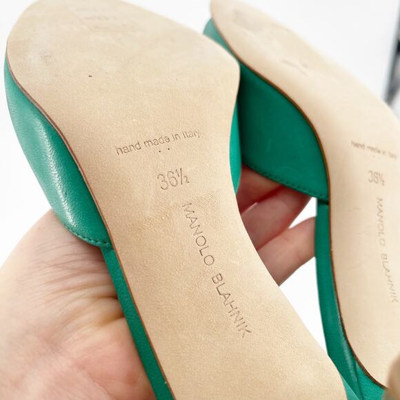 Manolo Blahnik Green Leather Pertinanu Bow Detail Kitten Heel Mules IT 36.5 - Picture 11 of 11
